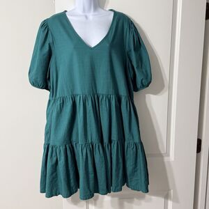 A.N.A. Green Tiered Mini Dress | V-Neck | Short Puff Sleeves | Green | XL